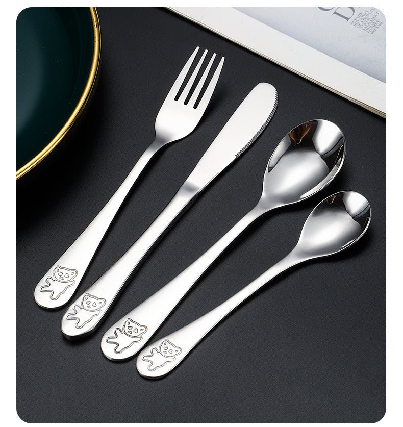 Set de couverts personnalisés 4 pièces en acier inoxydable 304 – Gravure du prénom avec adorable motif ours – Comprend couteau, fourchette, cuillère et petite cuillère - Avenue des Soldes