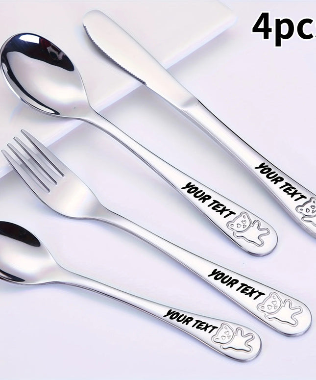 Set de couverts personnalisés 4 pièces en acier inoxydable 304 – Gravure du prénom avec adorable motif ours – Comprend couteau, fourchette, cuillère et petite cuillère - Avenue des Soldes
